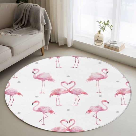 Round Rug 4Ft Washable Non-Slip, Pink Flamingo Circle Area Rugs for Living Room Bedroom, Summer Tropical Animals Indoor Floor Mats Carpet Runner for Home Decor Aesthetic