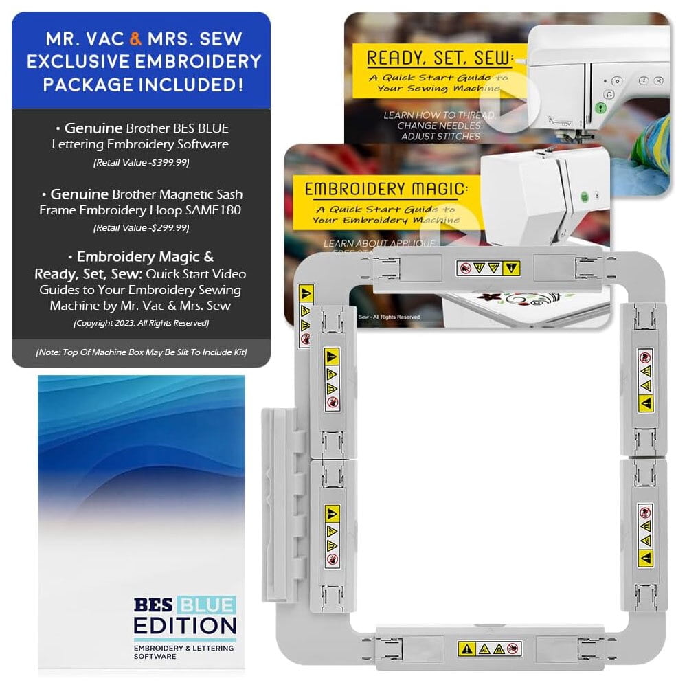 Brother NQ3550W Sewing & Embroidery Machine, 6" x 10" Field Size, 291 Stitches, Includes BES Lettering Software + Brother Magnetic SAMF180 Hoop + Mr. Vac & Mrs. Sew - Embroidery + Sewing Videos