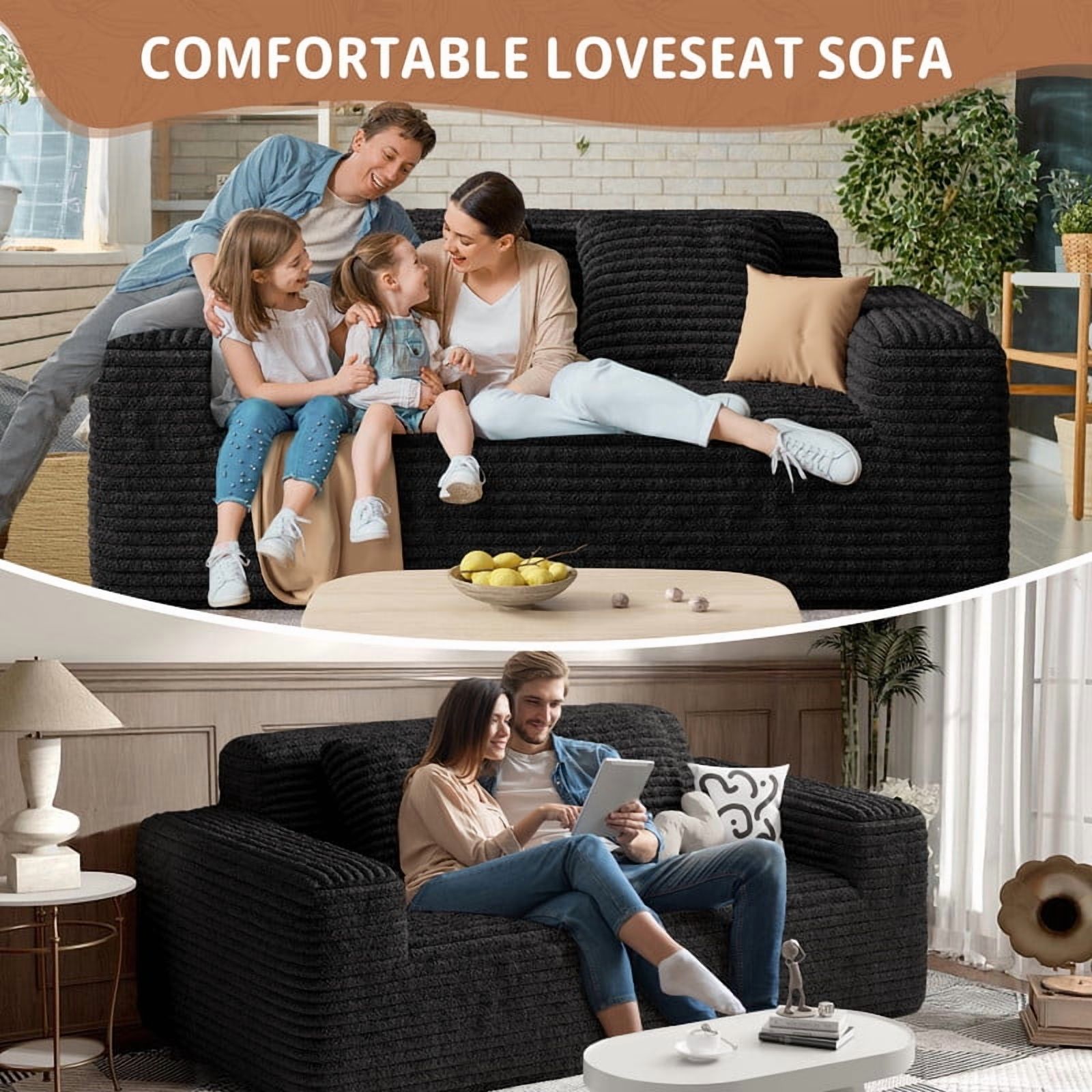 Hawsaiy 75" Wide Wale Corduroy Loveseat Sofa with Wide Armrests & Removable Pillows, No Assembly Foam Couch, Vacuum Packed, High-Density Support, Black