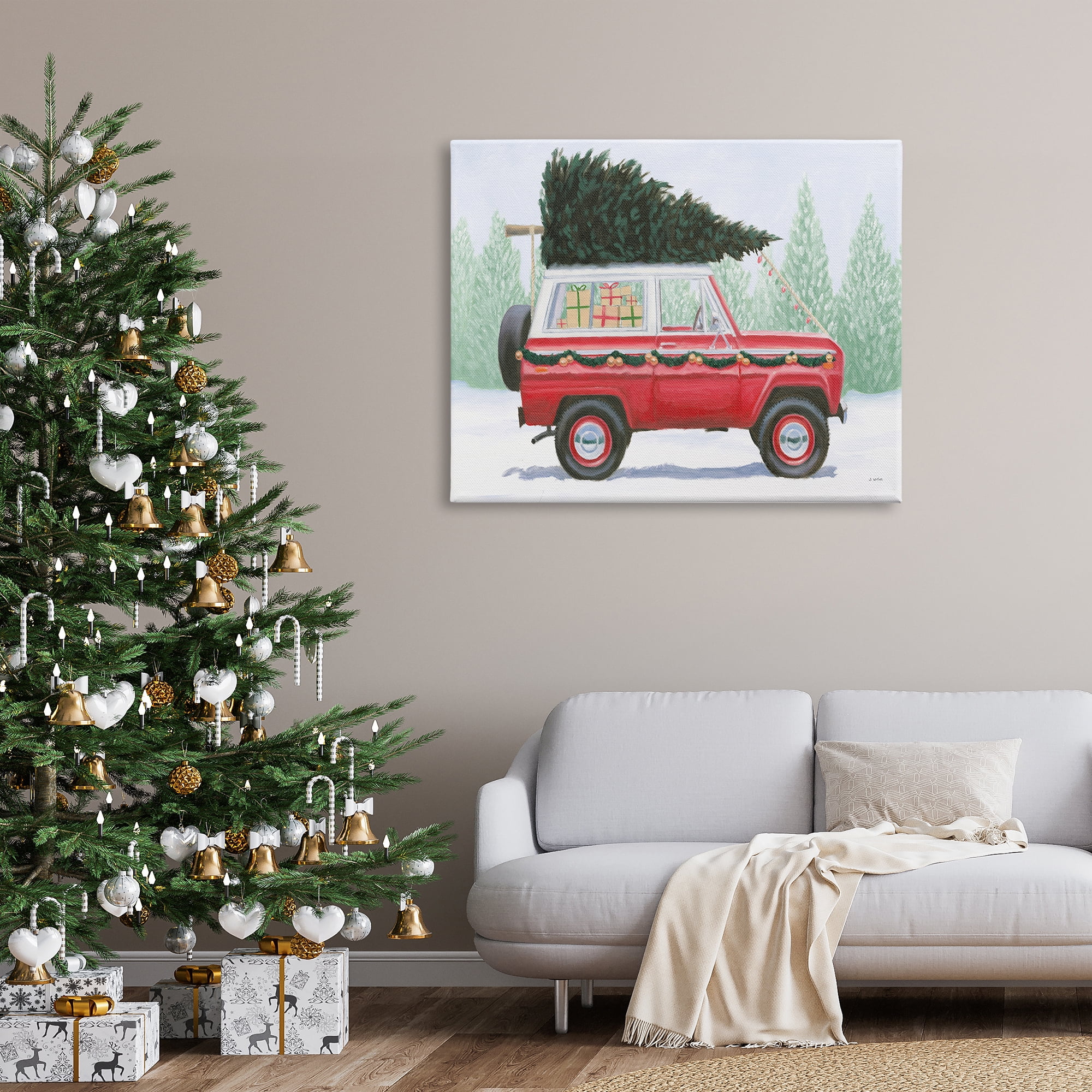 Stupell Indtries Red Utility Truck Winter Christmas Tree Snowy Forest,48 x 36,Design by James Wiens