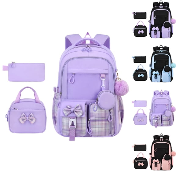 Girls School Backpack with Lunch Box Pencil Case Set, Cute Middle School Bag Teen Girls Backpack Bookbag for Kids, 3pcs (Purple)
