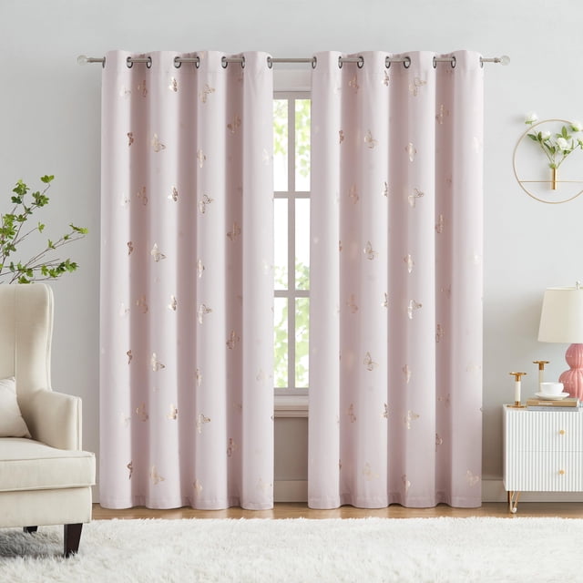 Jubilantex - Cortinas opacas de mariposa rosa y dorada de 84 pulgadas de longitud para bebé, cuarto de bebé, habitación y sala de estar, tratamiento de ventana 80% opa