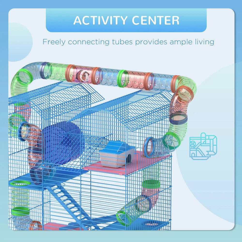 Resenkos Pet Mouse Cage, Hedgehog Cage,5 Tier Hamster Cage with Tubes and Tunnels, Rat Gerbil Cage with Water Bottle, Blue