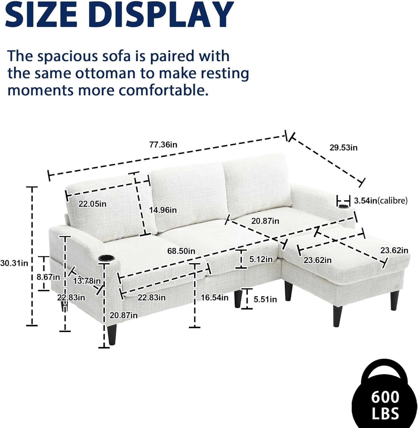 MOONMISS sofa 77.36" 3-seat, L -Shaped Sofa with Movable Ottoman for Living Room,Beige