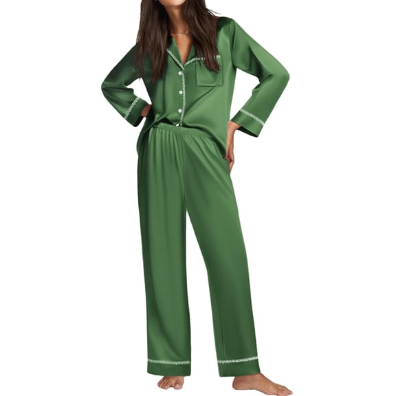 Ekouaer Satin Pajama Set for Women Silky Sleepwear Long Sleeve Top and Pants Button Down Pjs Lounge Set