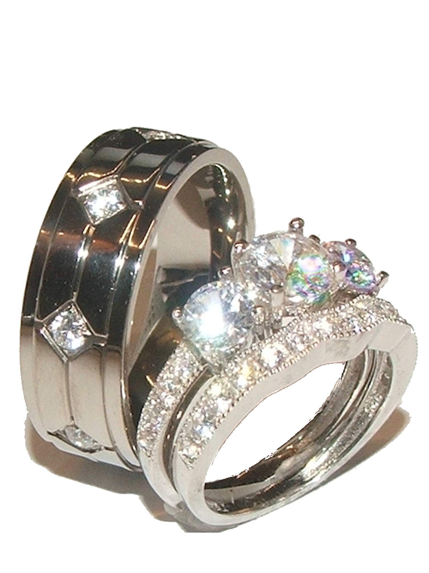His Hers 3 Piece CZ .925 Sterling Silver & Titanium Wedding Ring Band Set 