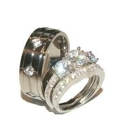 His & Hers 3 Stone Cz Wedding Engagement Ring Set Sterling Silver & Titanium