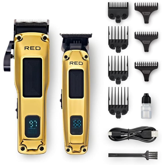 Red by Kiss Cordless Clipper & Trimmer Combo Set for Hair & Beard Grooming, Professional Fade Clipper with Precision T-Blade Trimmer, Rechargeable Haircut Kit for Home & Barber Use (Gold)