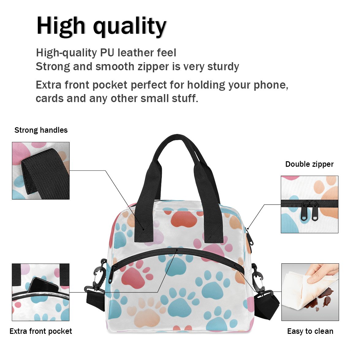 Herdesigns Dog Paw Print Insulated Lunch Bag for Women Men Adults Large Reusable Lunch Box Cute Animal Dog Paw Print Leakproof Cooler Tote Bags with Adjustable Shoulder Strap