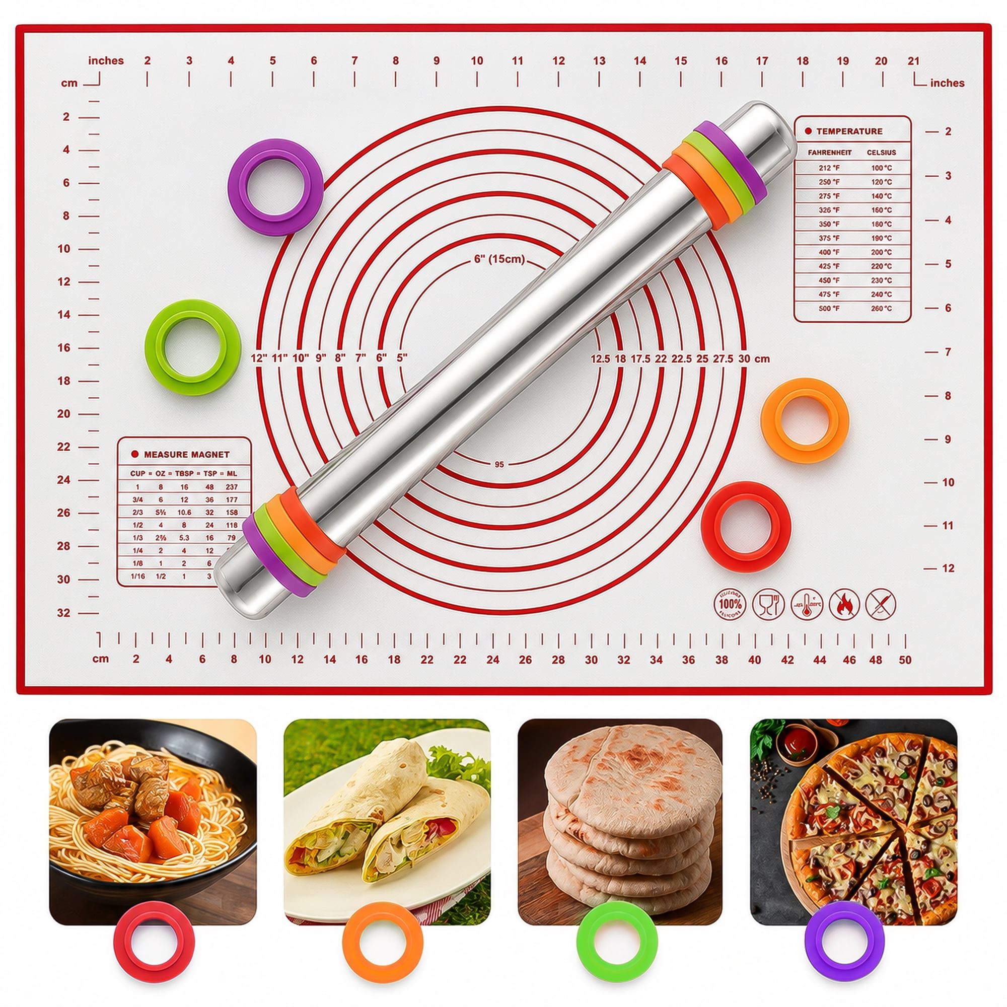 M Buder Stainless Steel Rolling Pin, Adjustable Metal Rolling Pin with Thickness Rings & Pastry Baking Mat for Baking, Dough Roller for Baking Pizza Dough Pie Cookie
