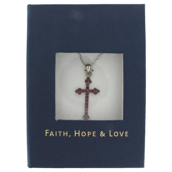 Pink Rhinestone Cross Crucifix Pendant Silver Tone Chain Necklace Gift Boxed