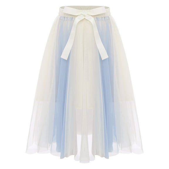TTAO Kids Girls High Waist Bowknot Mesh Tutu Tulle Skirts Tiered A-line Wedding Princess Birthday Party Skirts Skorts Blue Beige 13-14
