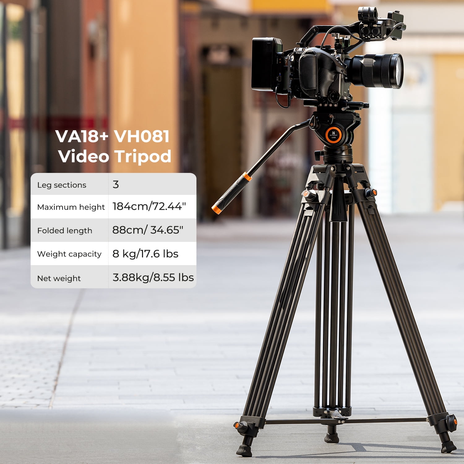 K&F Concept 72"/1.8m Aluminum Video Tripod with Transverse Center Column, 17.6lbs/8KG Camera Tripod with Fluid Head for DSLR Camcorders