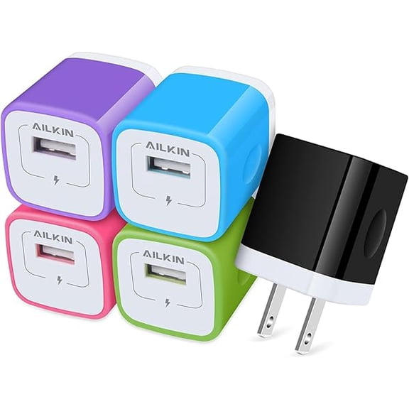 Eryueer AILKIN USB Charger Wall Plug, 5Pack-1Port Fast Charging Outlet AC Power Adapter Block Cube Box Brick Compatible with iPhone, Samsung Galaxy, Android or Type C Phones Charge Multi USB Base