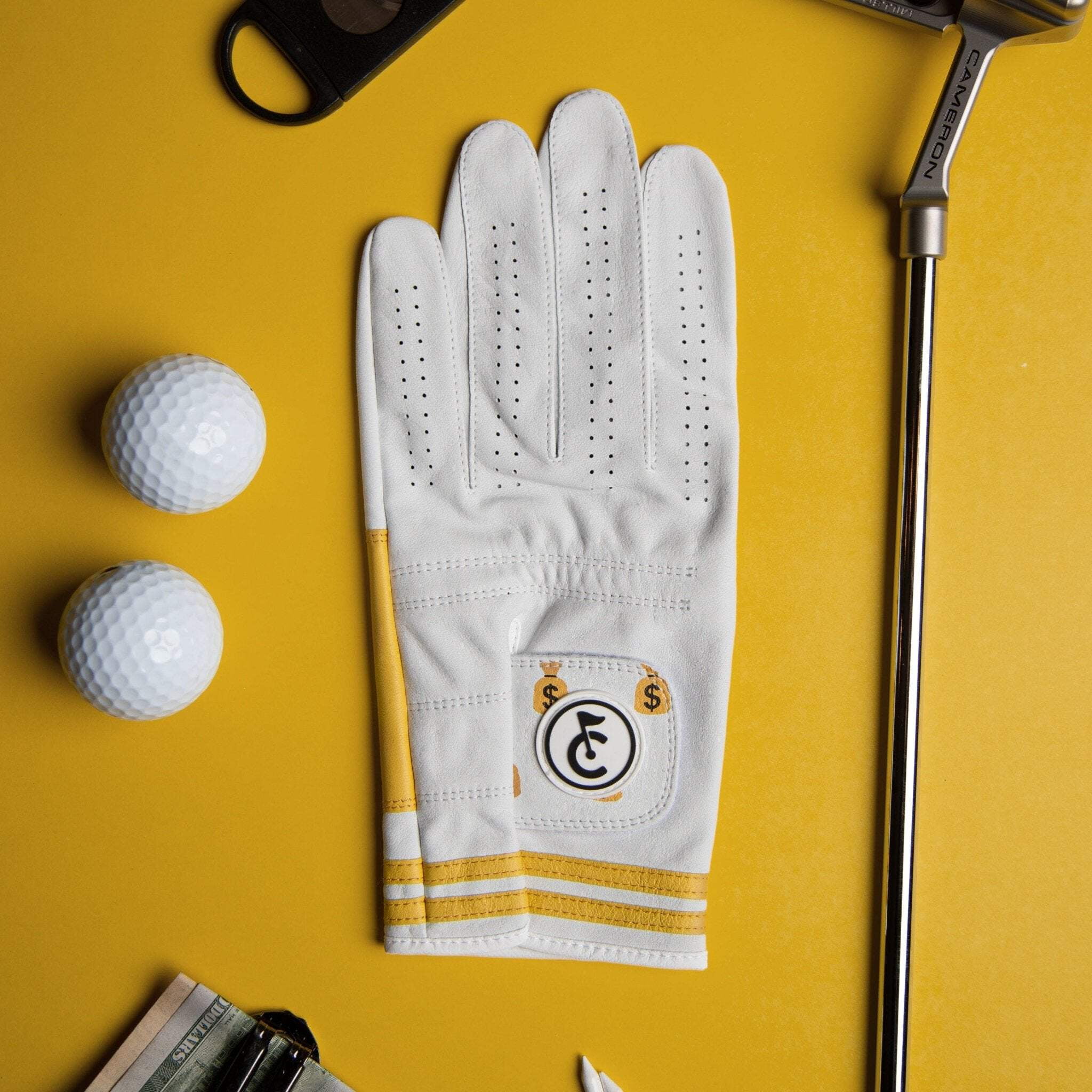 Money Bags Gold Golf Glove | Premium Cabretta Leather & Supportive Palm Pad