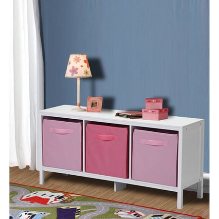 Badger Basket Three Bin Wide Storage in White with Pink