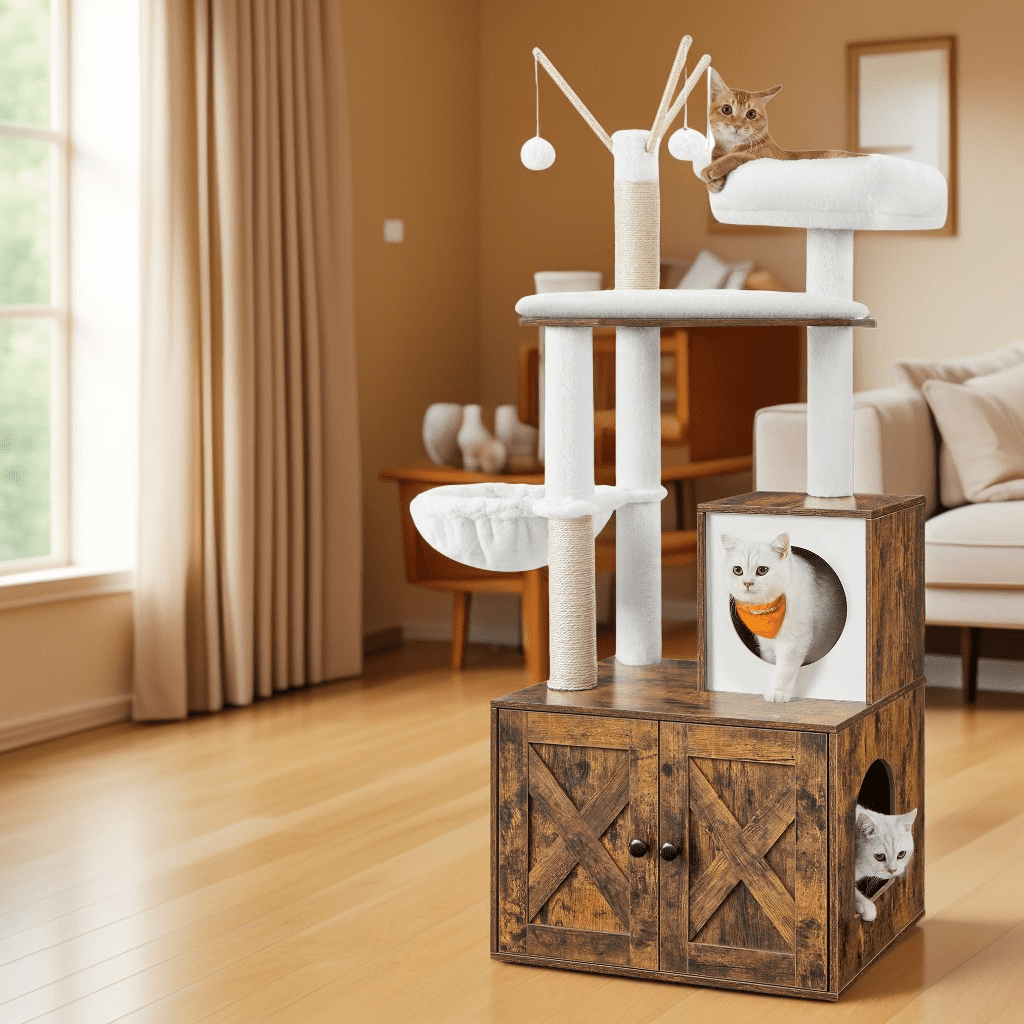 LEDREM 2-in-1 Cat Tree with Litter Box Enclosure - 55.1" Modern Cat Tower, Scratching Posts, Space-Saving Design, Rustic Brown
