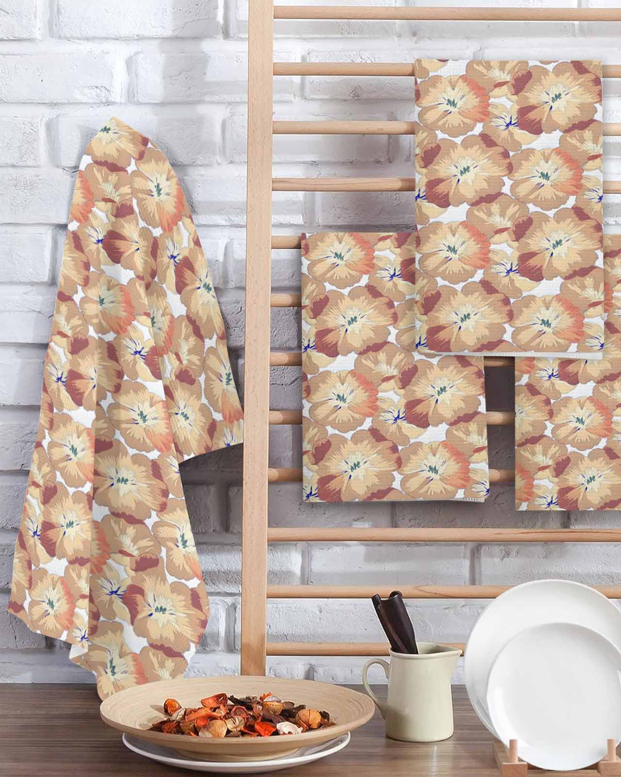 Spring Orange Flower Kitchen Dish Towels for Drying Dishes Set of 2, Vintage Country Plants Botanical Waffle Weave Microfiber Terry Hand Tea Bathroom Towels Quick Dry & Absorbent Towel 15.7x23.6