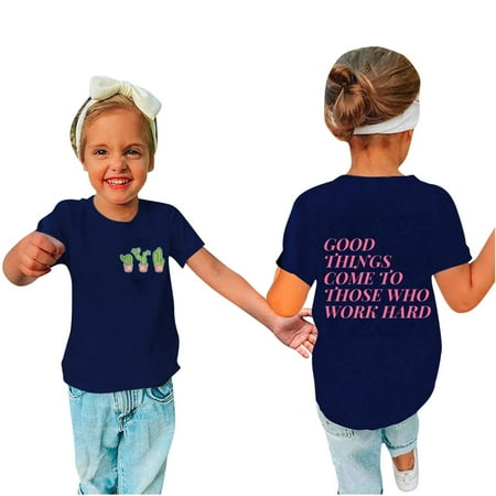 AJTQTH Cute Kids Boys Girls Summer T-Shirts Casual Short Sleeve Round Neck Funny Letters Print Holiday Beach Tops Loose Fit Cotton Blouse Blue 14-16 Years