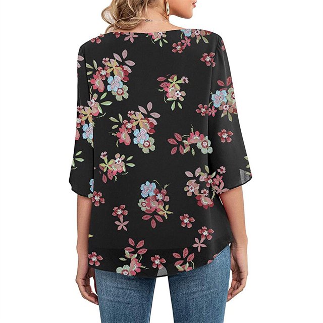 Chemise Femme Imprimé Manches Mi-Longues Col Rond Casual Chemisier Femmes Manches Mi-Longues, Noir Rouge, Fleur, XL