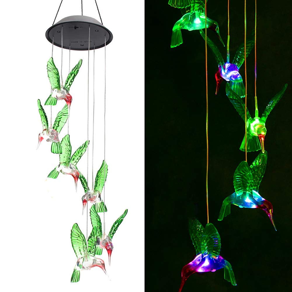 Color-Changing LED 6 Hummingbird Solar Wind Chimes Yard Home Garden