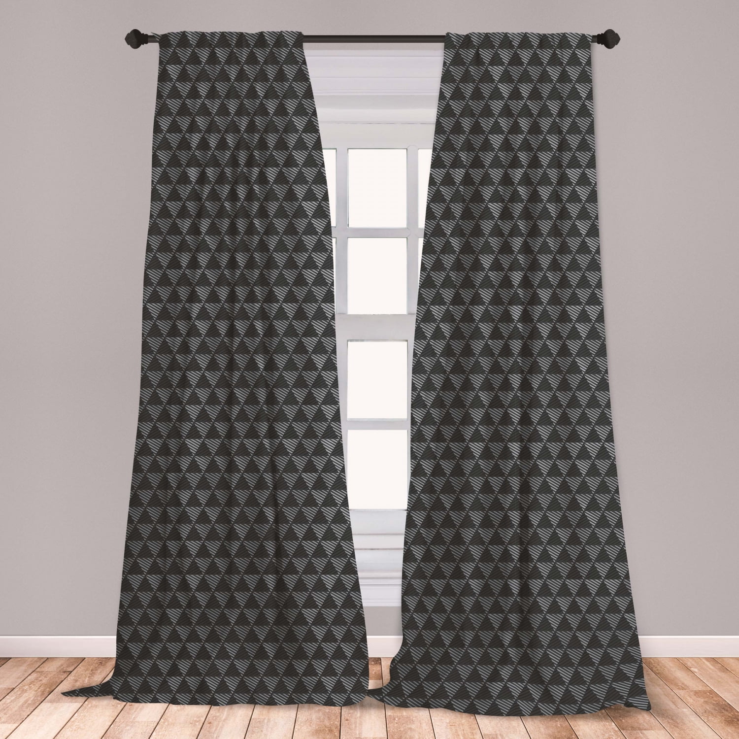 Dark Grey Curtains 2 Panels Set, Monotone Geometric Shapes Pattern with