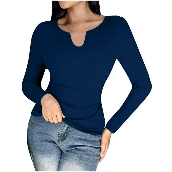 Timegard Women Long Sleeve Shirts Built-In Shelf Bra Tops Fall V Neck Long Sleeve Slim Comfy Tee Blouse