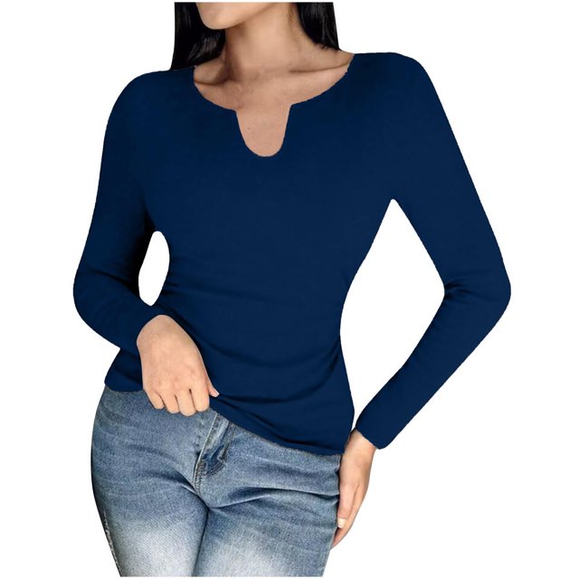 Timegard Women Long Sleeve Shirts Built-In Shelf Bra Tops Fall V Neck Long Sleeve Slim Comfy Tee Blouse