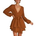 thumbnail image 5 of Women's Dress Deep V-Neck Long Sleeve Waist Tie Ruffle Mini Swing Skater Dresses, 5 of 11
