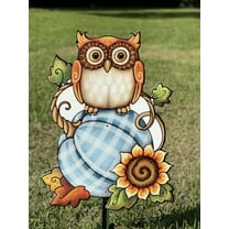 Checkered Turquoise Pumpkin with an Owl on Top Fall Yard Art Decoration