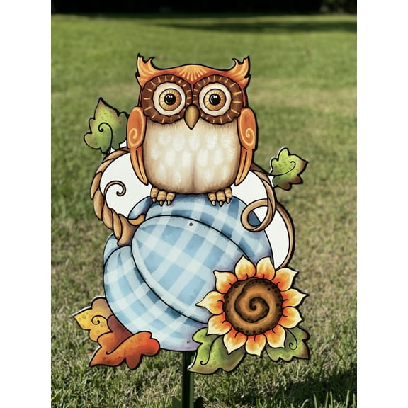 Checkered Turquoise Pumpkin with an Owl on Top Fall Yard Art Decoration