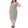 thumbnail image 4 of Agnes Orinda Women's Plus Size Tweed Dress Sheath Vintage Square Neck Cap Sleeve Side Split Work Midi Pencil Dresses with Zipper 2X White, 4 of 6