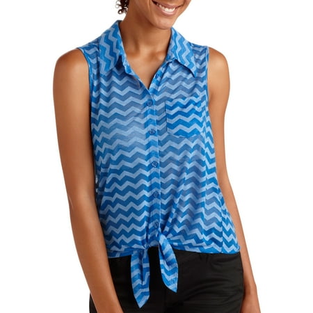 Juniors Cropped Tie Front Burn Out Notched Collar Shirt