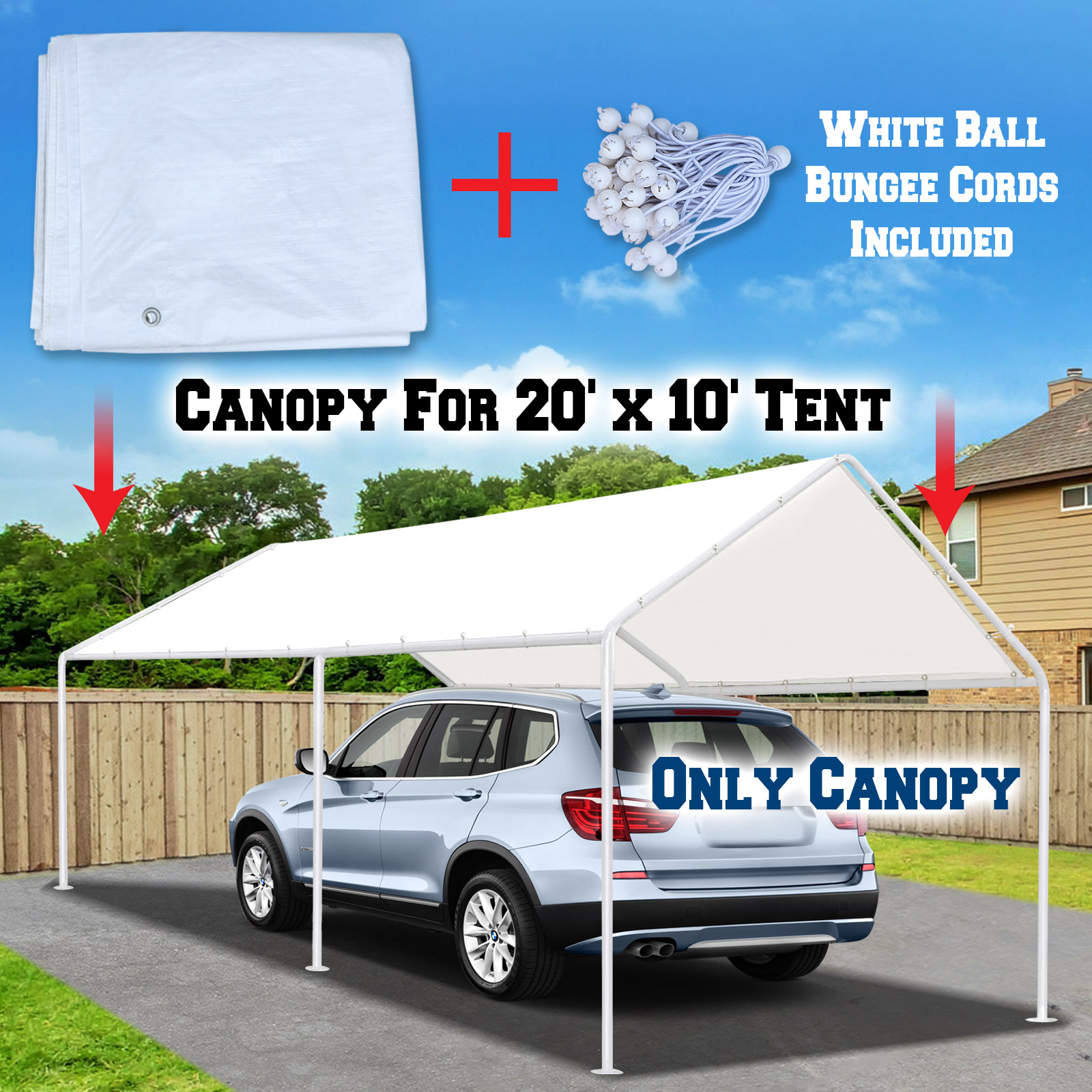 SUNNY New 10'x20' Canopy for Carport Tent Garage Tarp Top Shelter Cover w Ball Bungees (Only cover, Frame is not included )