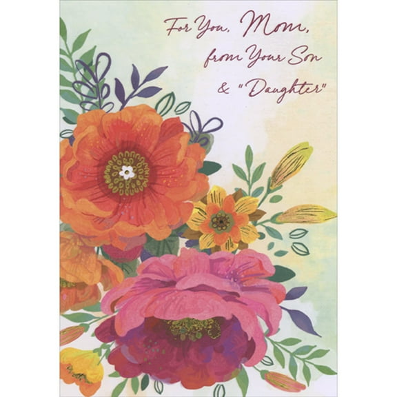 Designer Greetings Large Orange, Pink and Yellow Flowers with Gold Foil Accents on Watercolor Background Mom Mother's Day Card from Son and Daughter-in-Law