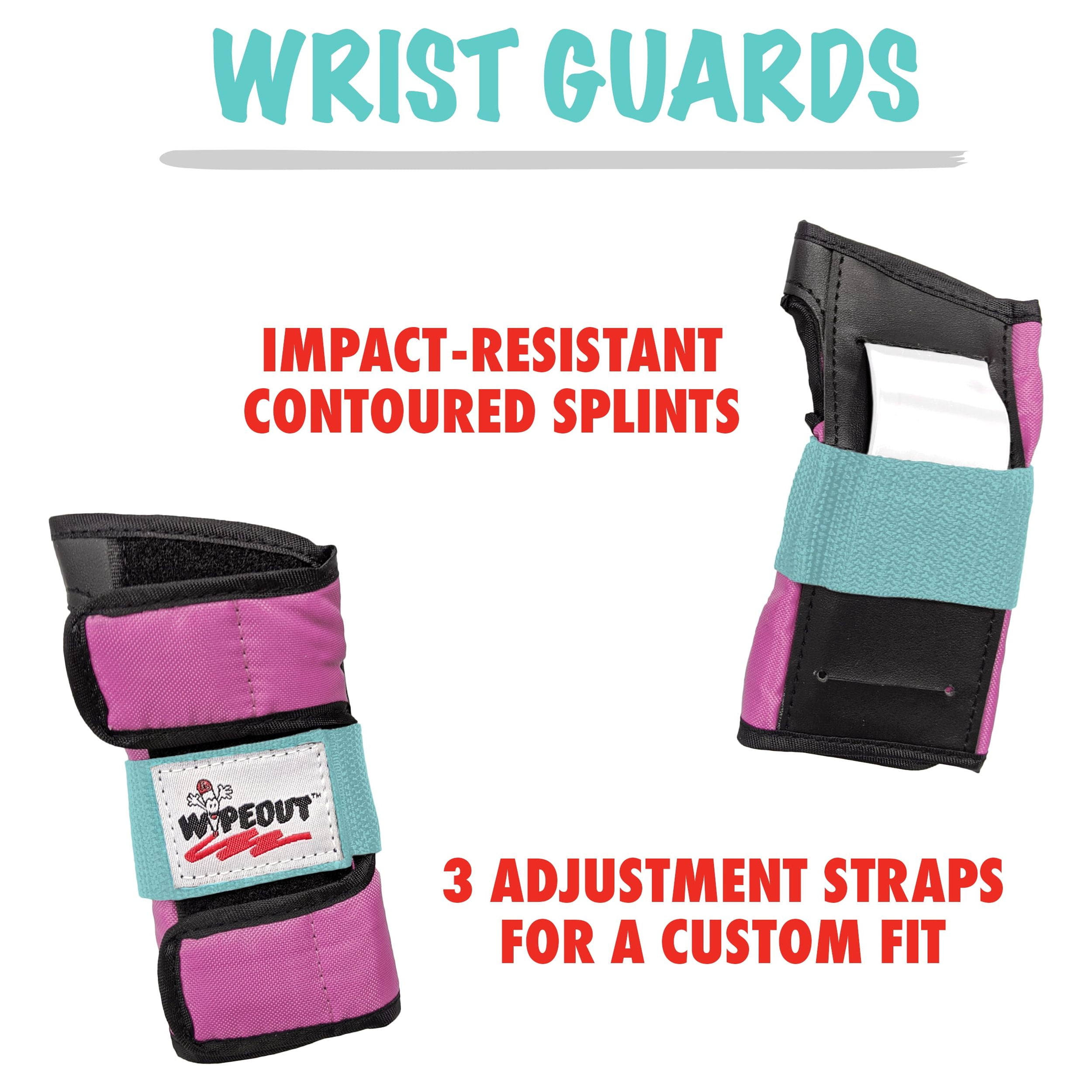 Wipeout 3 Pack Set with Wrist Guards, Knee and Elbow Pads for Bike, Skate, and Scooter, Pink/Teal