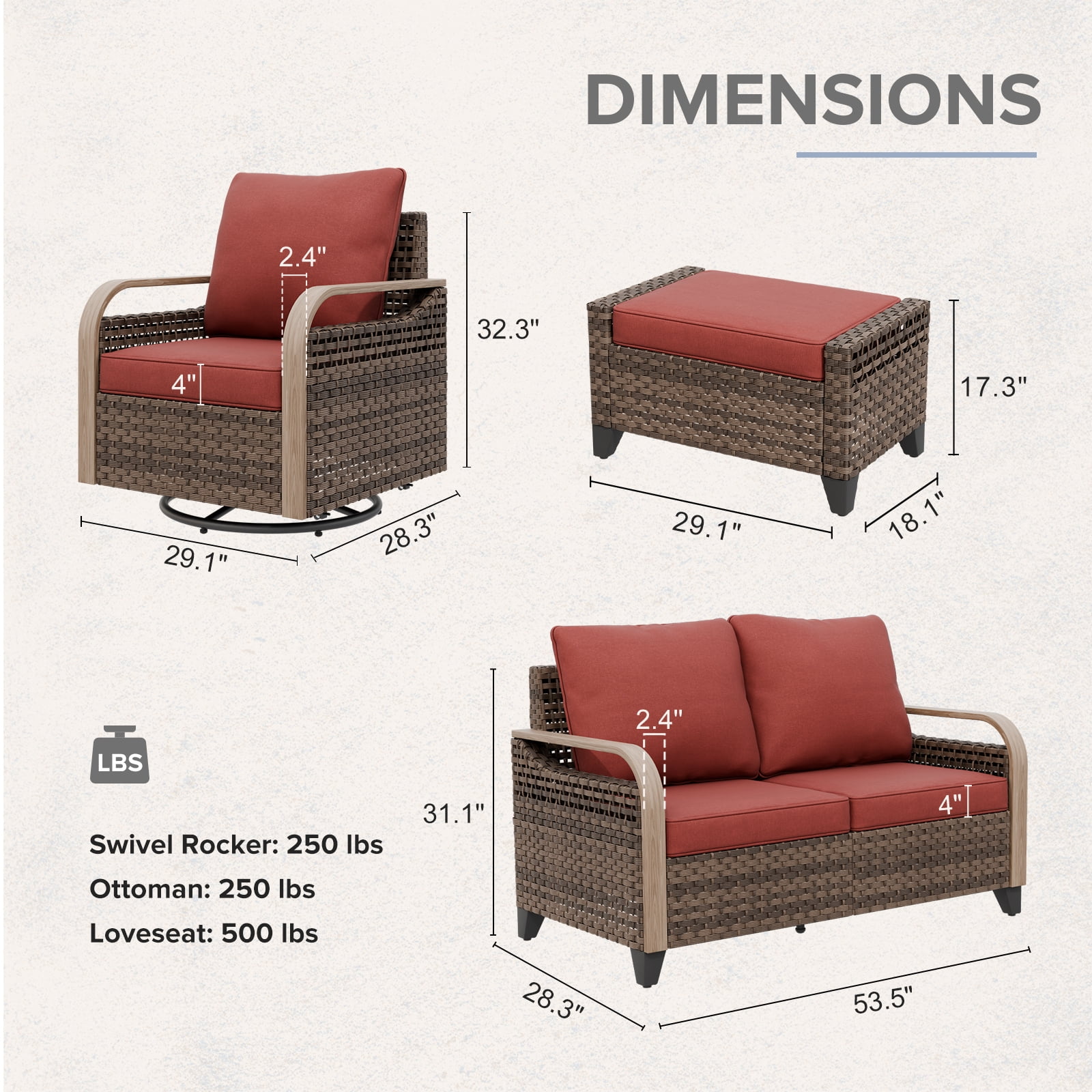 COOS BAY 5 Piece Brown Wicker Patio Sofa Set Outdoor Rattan Furniture Conversation Set Loveseat, Swivel Glider Chairs and Ottomans with Red Cushions