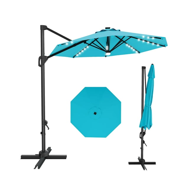 10FT Offset Cantilever Patio Umbrella with Solar-Powered LED Lights - 360° Rotation & Easy Tilt - Waterproof Polyester Shade - Cross Base Included - Outdoor Sun Shade