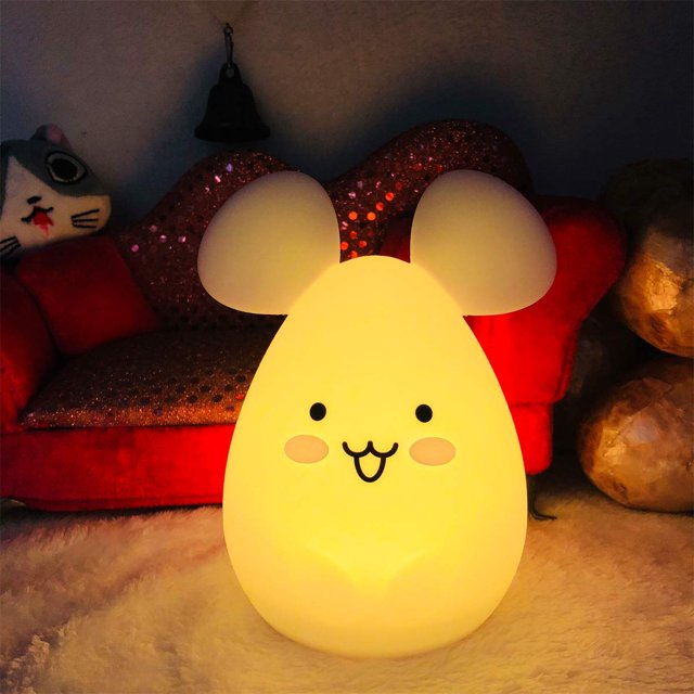 Luz nocturna para niños, luz de ratón, lámpara de noche de silicona suave, 9 colores, Control remoto recargable, luz LED de noche, regalo de Navidad/juguete JFHHH pequeña
