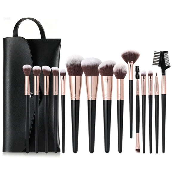 Livhil 15pcs Makeup Brushes Set Professional, Premium Makeup Brushes Kit Set, Eyeshadow Brushes with PU Leather Pouch (Black Gold)