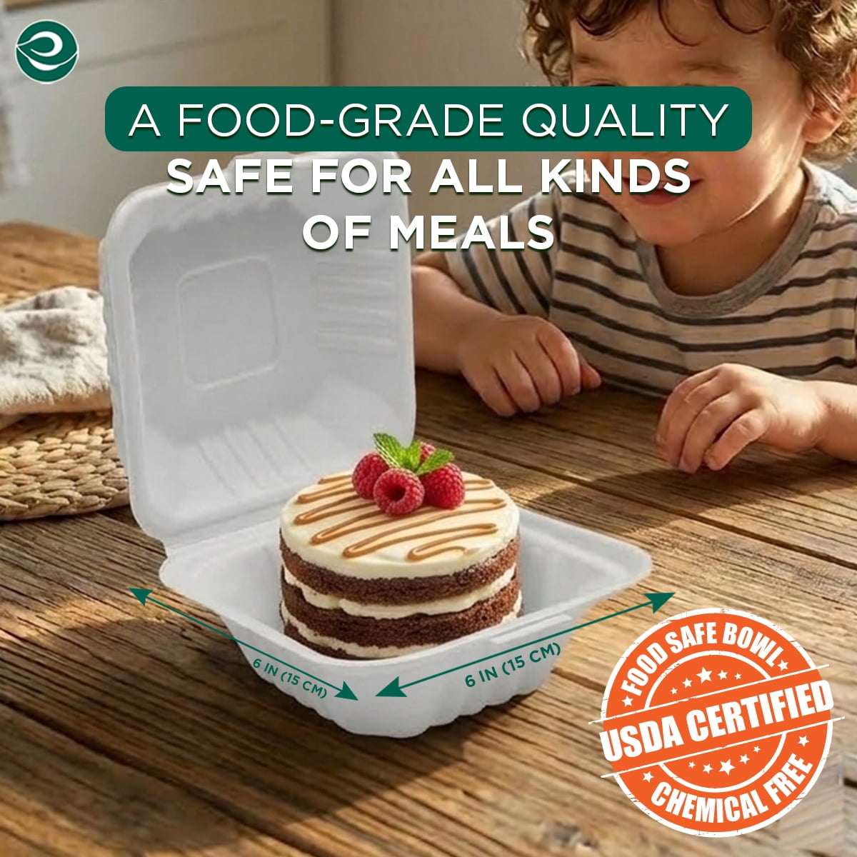 Eco Soul Tree-Free Compostable Bagasse Clamshell Containers, 6 x 6 Inch, 50 Count