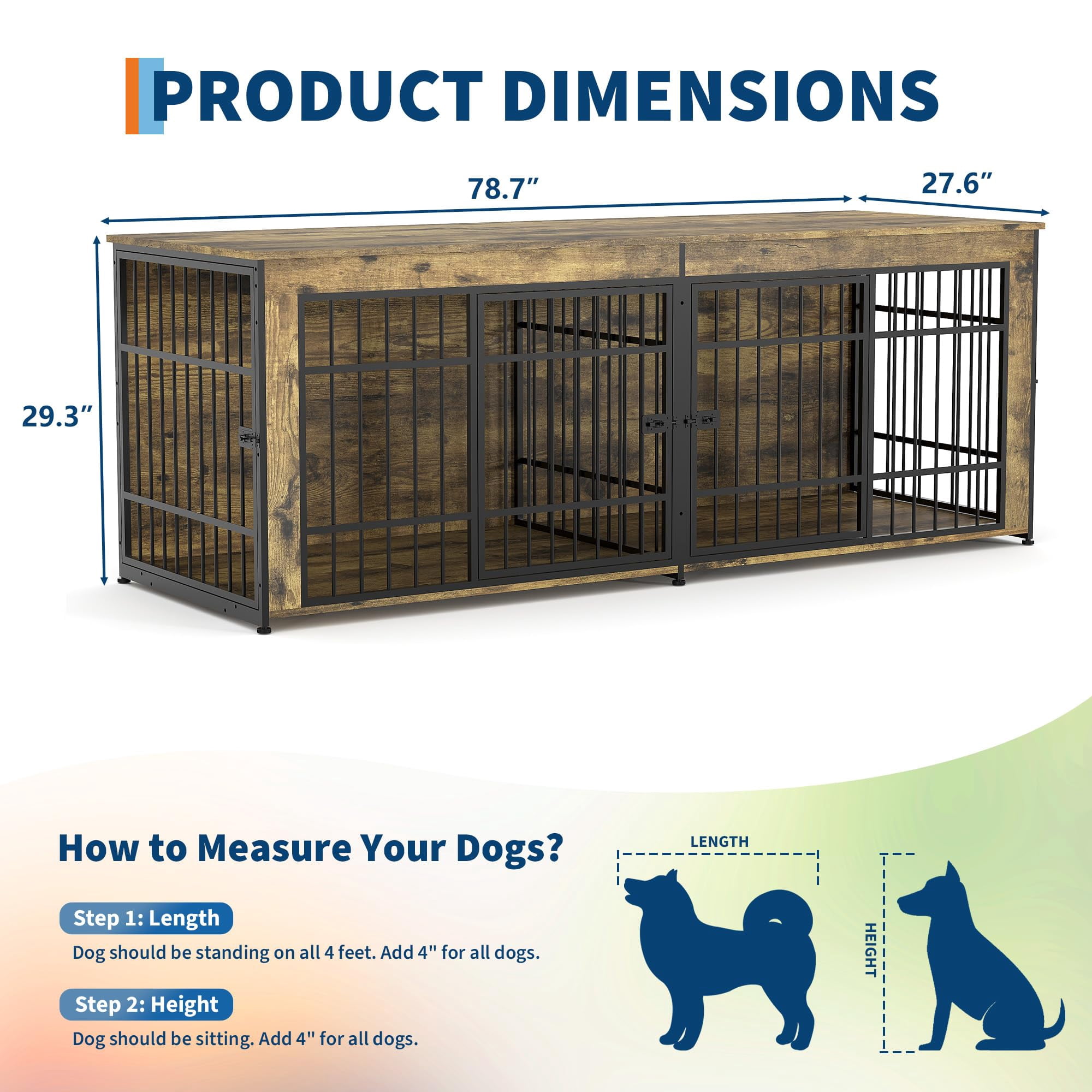 Heavy Duty Extra Large Wooden Dog House Furniture – 4 Doors & Divider – Decorative End Table TV Stand, Indoor Kennel for Large/Medium Dogs – Rustic Tiger Wood, 2m