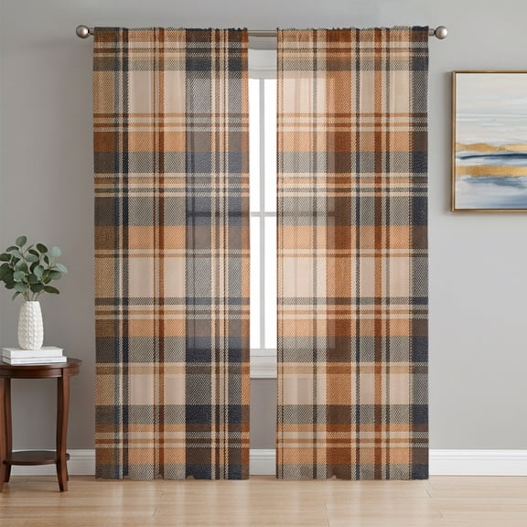 Orange Blue Checkered Sheer Curtains 63 Inches Long, Fall Farmhouse Buffalo Plaid Light Filtering Window Curtains for Living Room/Bedroom, Rod Pocket Voile Sheer Curtain Drapes, 52"W x 63"L, 2 Panels