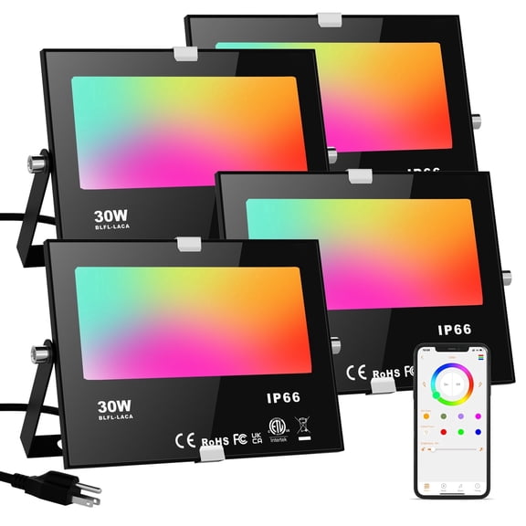 Flood Lights Outdoor RGB, 500W Equivalent Smart Color Change & Daylight 5700K Landscape Light, IP66 Waterproof Patio Lights via App Control, Indoor Ambient Lighting, DIY Scenes/Music Sync/Timing-4Pack