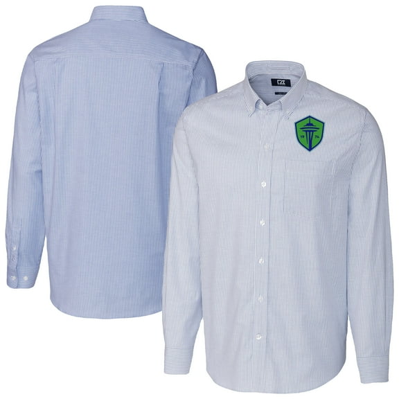 Men's-Cutter & Buck  Blue Seattle Sounders FC Stretch Oxford Stripe Tri-Blend Long Sleeve Button-Down Shirt