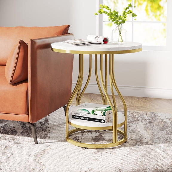 2-Tier Round Side Table with Storage, Modern Faux Marble End Table with Gold Metal Frame, Small Bedside Nightstand for Living Room or Bedroom