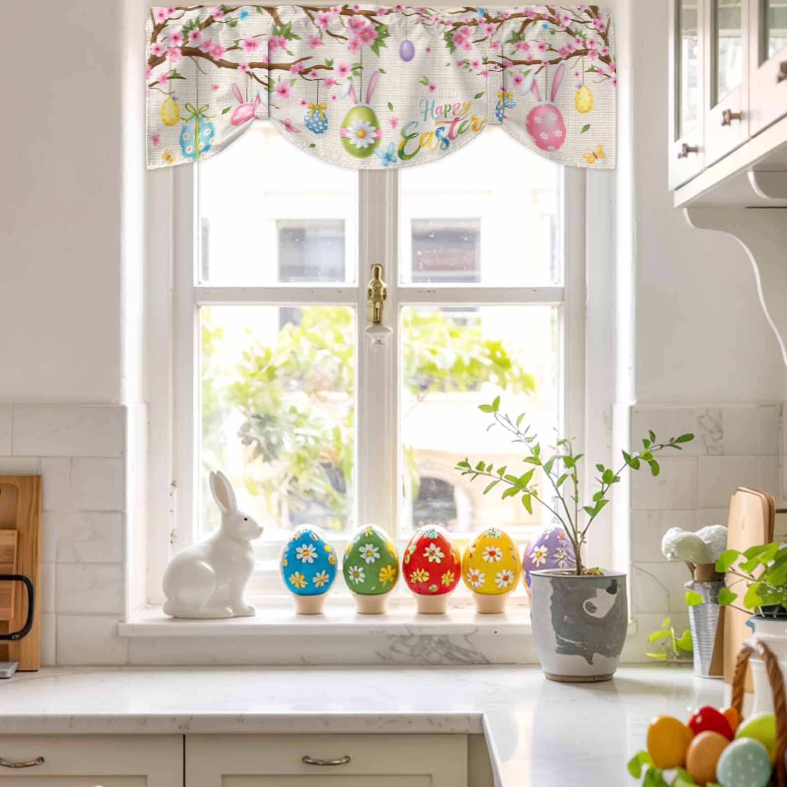 Happy Easter Tie Up Valances Curtain, Colorful Rabbit Ears on Easter Egg Spring Floral Tree Linen Texture Adjustable Rod Pocket Short Window Treatment Tie Up Curtains for Kitchen Living Room 60x18 In