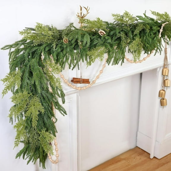 6Ft by 10Inch Real Touch Christmas Norfolk Pine Garland 100 Pine&20 Cypress Tip,Realistic Soft and Thickness Full Cedar Garland Green Faux Greenery for Mantle Table Fireplace Indoor Outdoor Xmas