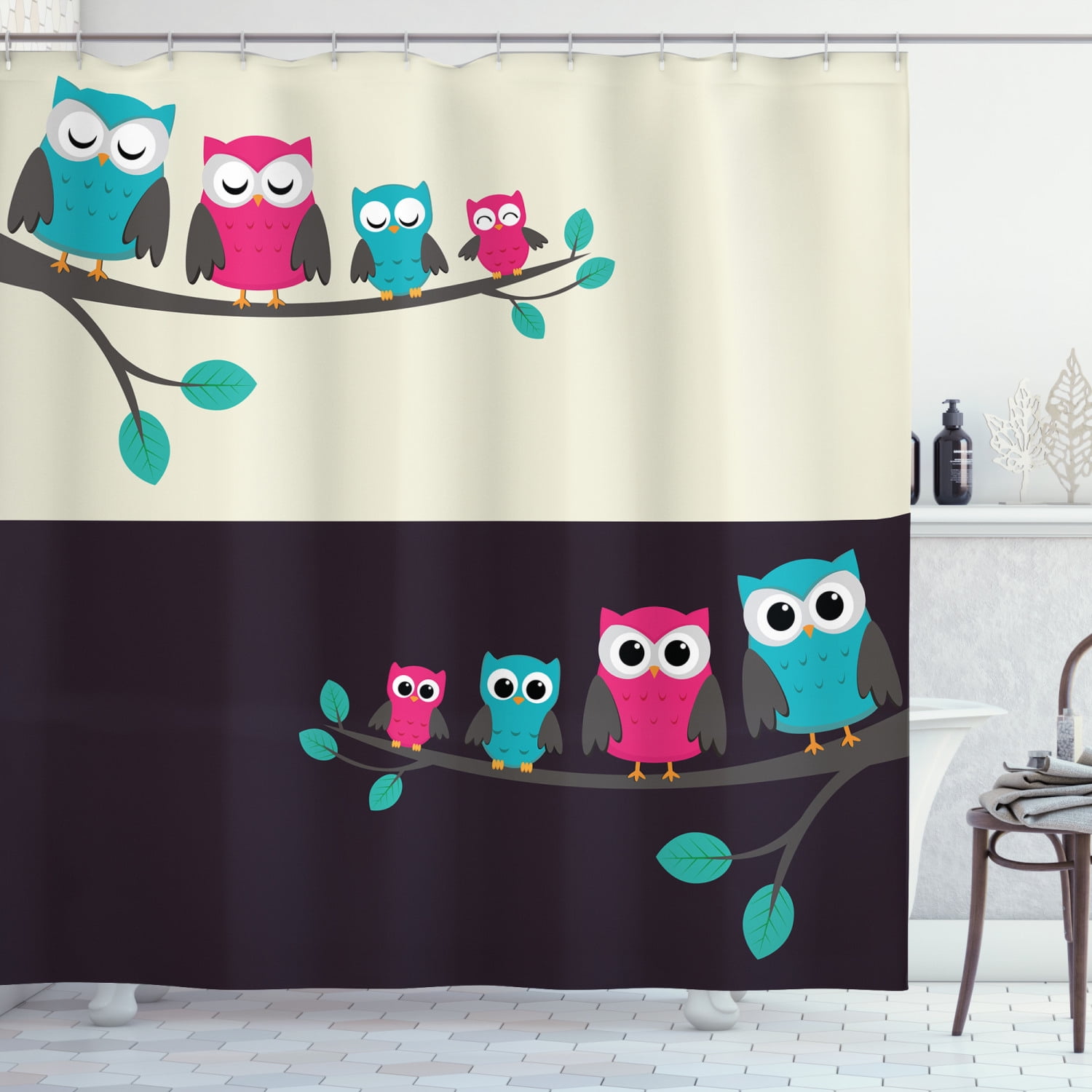 Nursery Shower Curtain, Family of Owls Sitting on Branches Cute