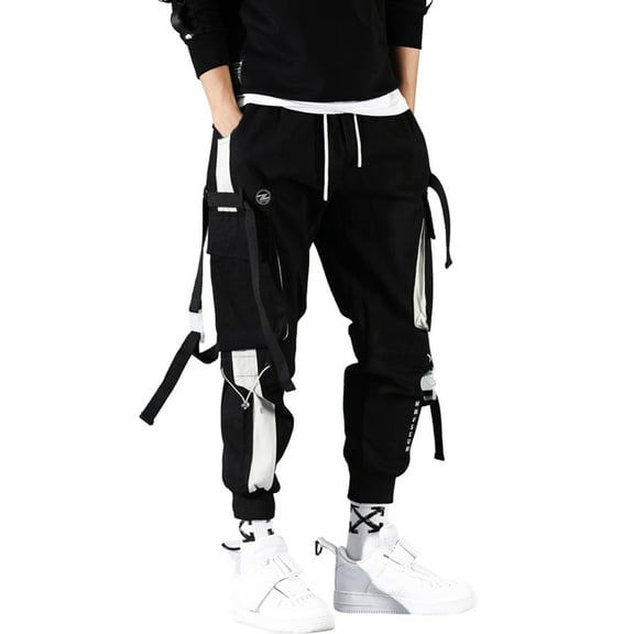 CONZONE Mens Baggy Cargo Pants Patchwork Color Elastic Waist Drawstring Hop Cargo Pants for Men Lightweight Relaxed Fit Streetwear Workout Trousers With Pockets